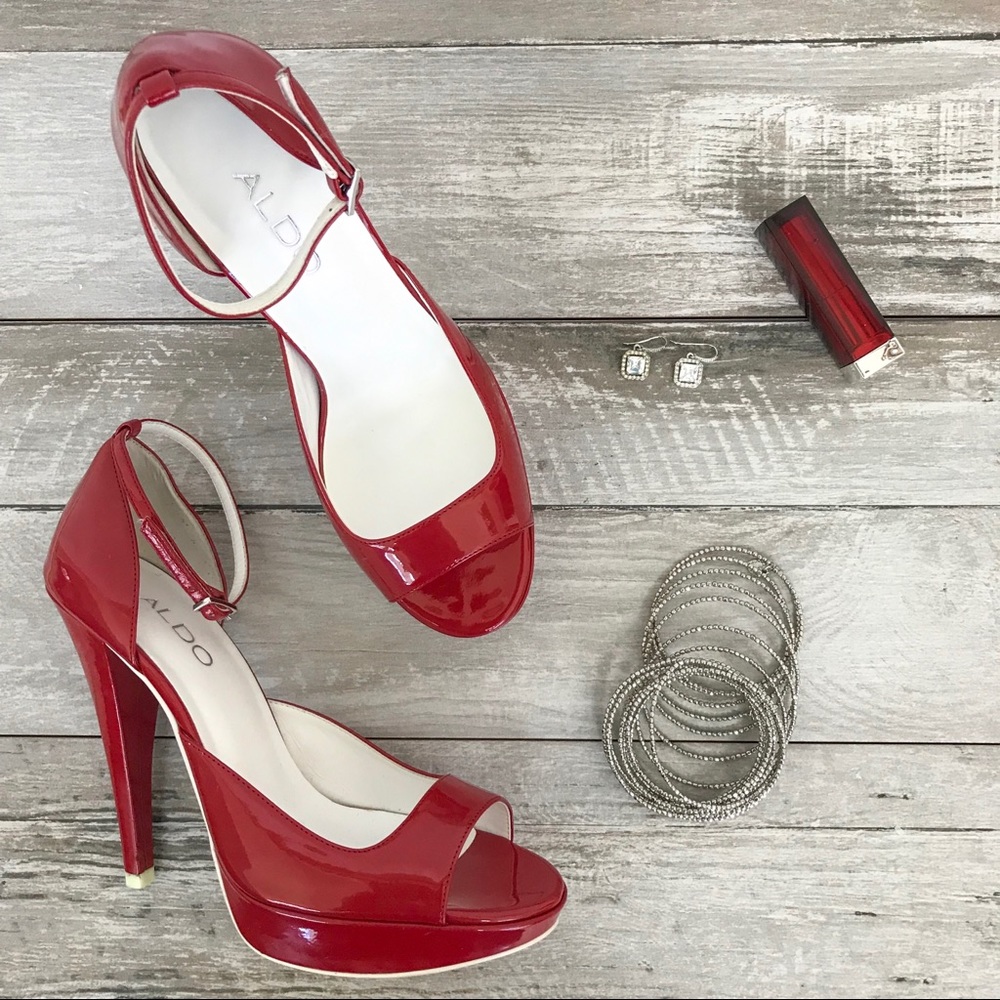 Aldo red patent leather open toe platform heels